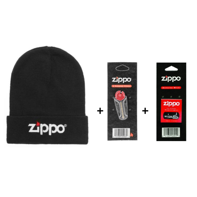 [ZB-Black - 2406 - 2425] Pack Zippo Bonnet Noir + Pierres et Mêche